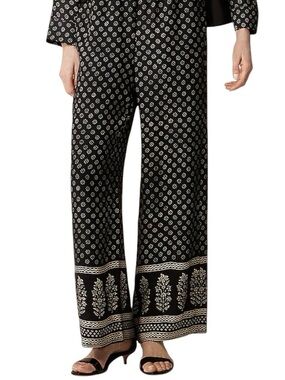 J Crew Stratus Cropped Pants L Black Cream Block Print Elastic Waist Resort